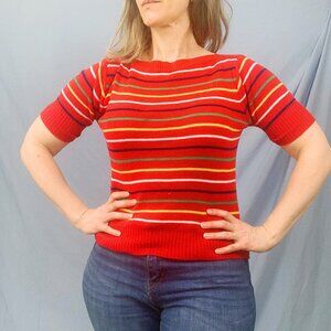 Vintage 80s Red Striped Short Sleeve Pullover Sweater Sz Medium